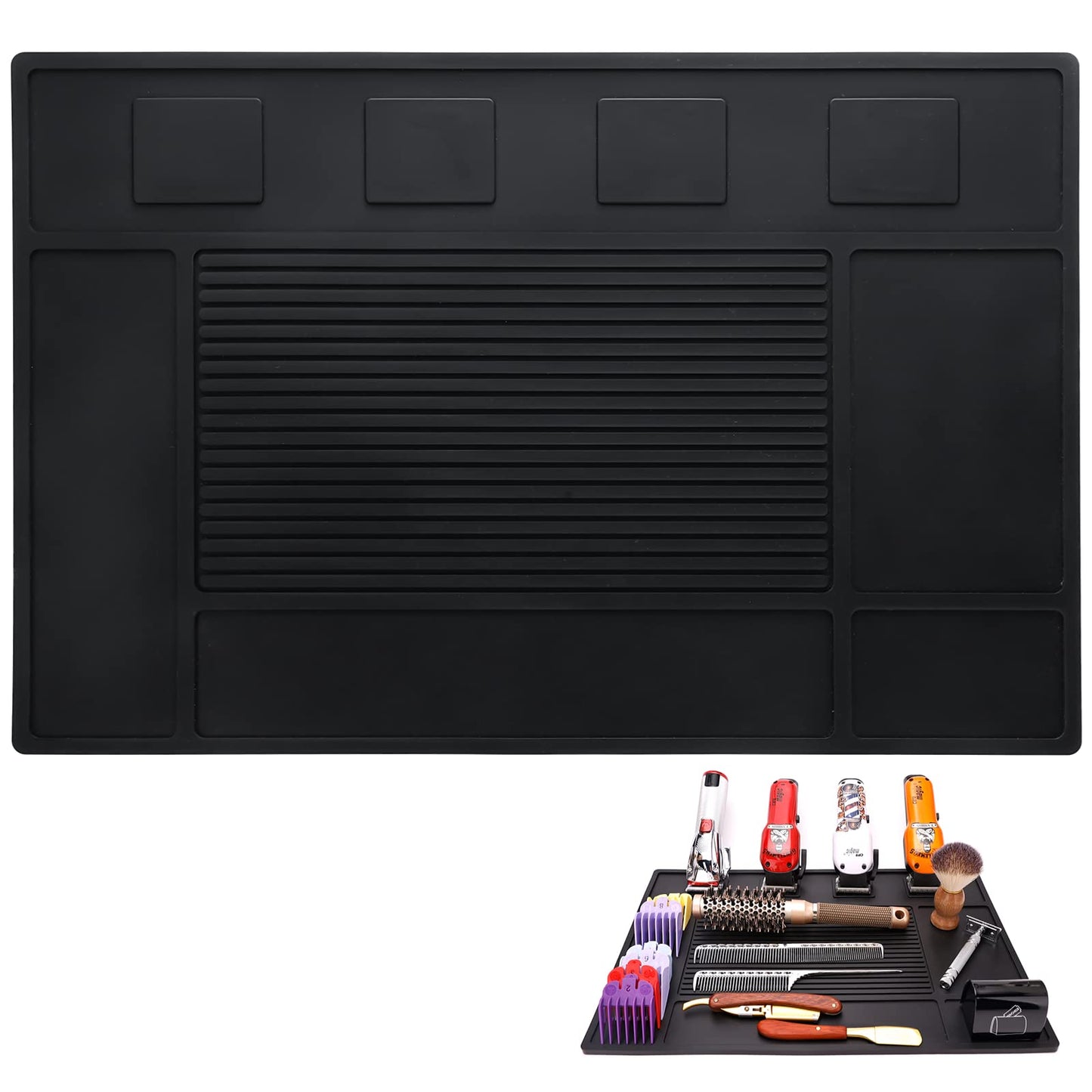 yeesport Barber Tool Organizer Mat, Flexible Silicone Barber Tool Pad, Magnetic Salon Barbershop Work Station Pad, Non-Slip Barbershop Counter Mat for Clippers Tools (Black)