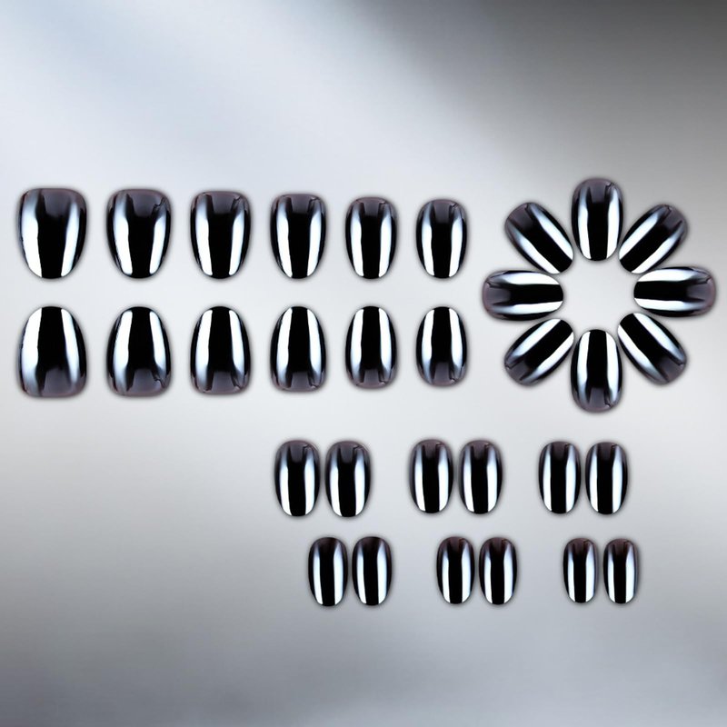 Black Press On Nails Short Almond Fake Nails Chrome False Nail With Design Solid Color False Nails Full Cover Acrylic Glossy Artificial Stick On Nail For Women Manicure Art 32pcs