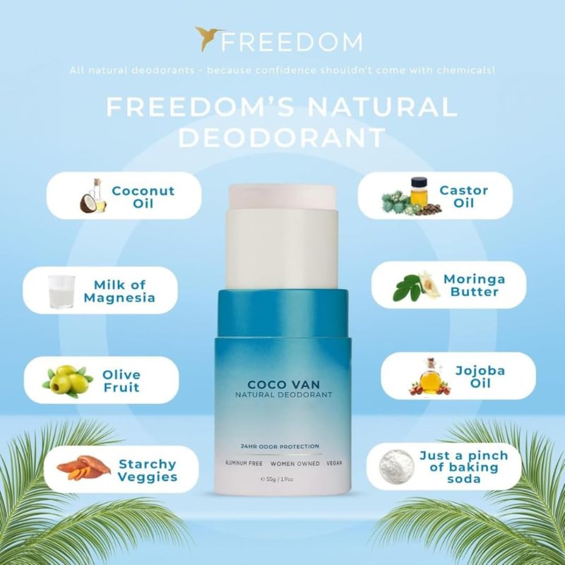 Freedom All Natural & Aluminum-free Deodorant for Women with 24-Hour Odor Protection in Eco-friendly Packaging - Made with Organic Essential Oils - Coco Van 1.9oz