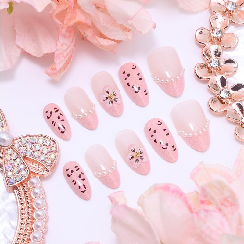 Skiennix 30Pcs Pink Leopard Flower Press-On Nails - Almond Shape, 3D Flower & Pearl Chain Design, Reusable Acrylic for Manicure