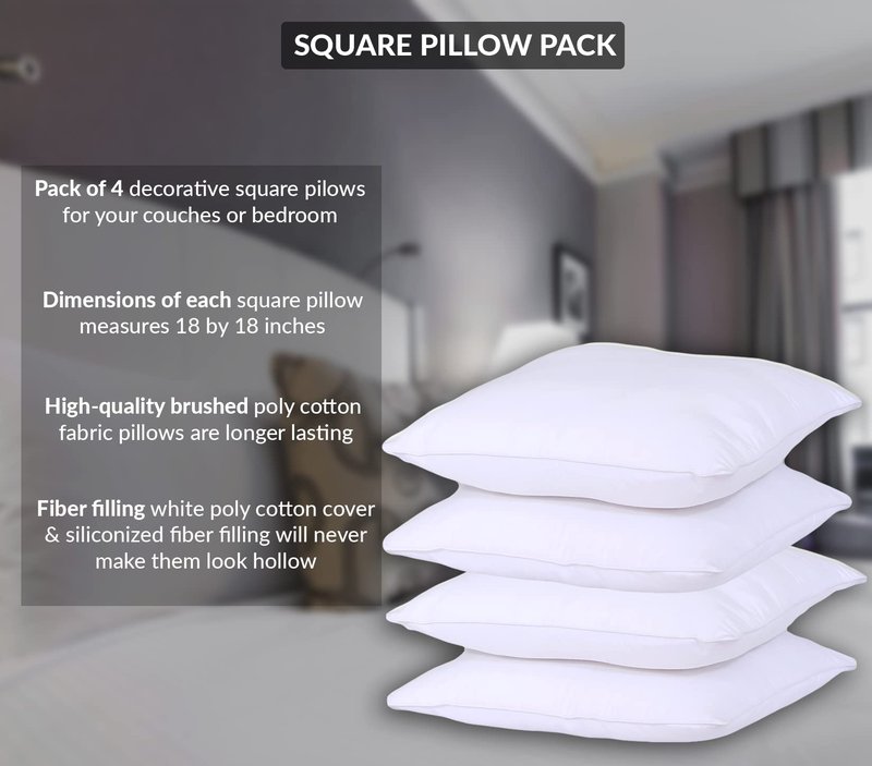 GOLD TEXTILES White Throw Pillows Insert (Pack of 4) - 18 x 18 Inches Polyester Sham Stuffer Throw Pillow - Lightweight Square Indoor Decorative Pillows - Bed and Cushion Couch Pillows