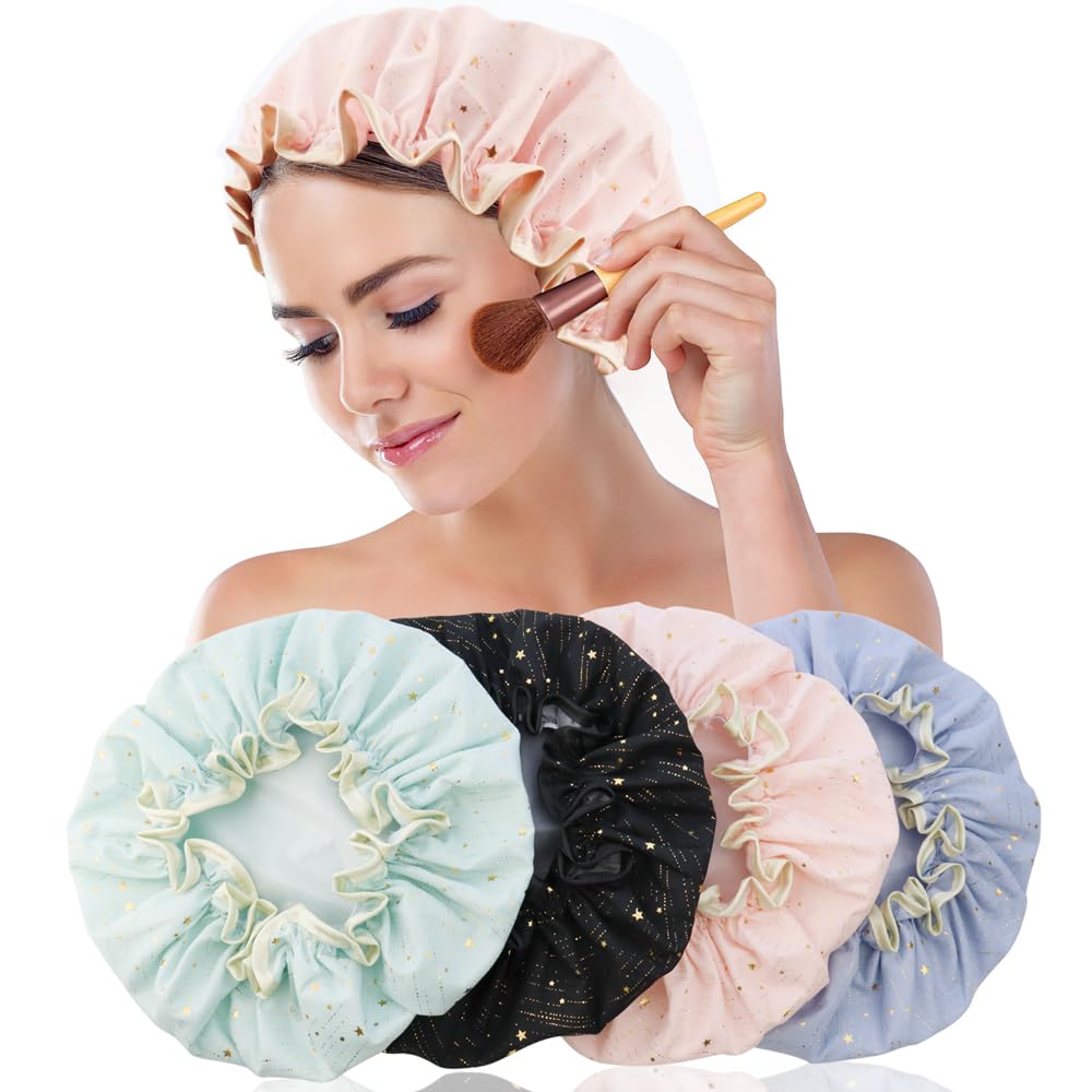 TCOTBE 4 Pieces Shower Caps for Women, Double layer shower cap, Elastic Reusable Bathing Hair Cap Environmental Protection Hair Bath Caps,PEVA Adult Bathing Cap Bath Hair Cover