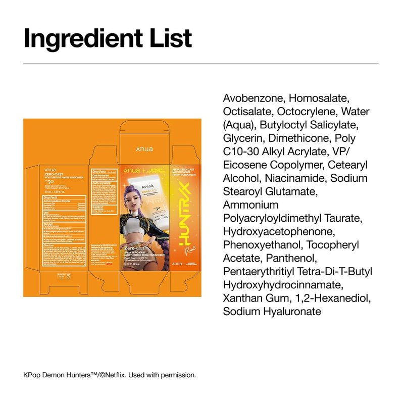 Anua Zero-Cast Moisturizing Sunscreen SPF 50 - Glow Natural Formula with Hyaluronic Acid & Niacinamide | Oil-Free, 1.69 fl oz