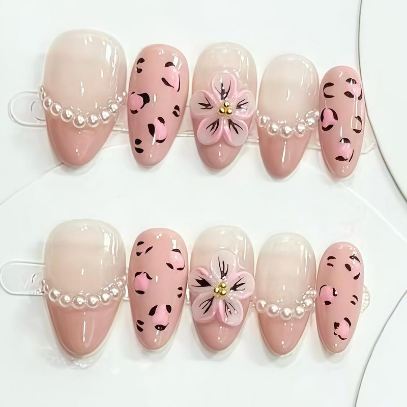 Skiennix 30Pcs Pink Leopard Flower Press-On Nails - Almond Shape, 3D Flower & Pearl Chain Design, Reusable Acrylic for Manicure