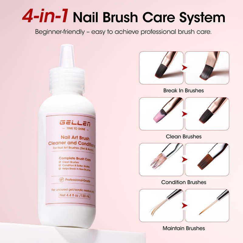 Gellen 130ml Nail Brush Cleaner and Conditioner, Rose Oily Formula Acrylic Brush Cleaner Liquid, Acetone-Free Nail Art Brush Restorer for Gel Polish, Dip Powder, Polygel Manicure Care