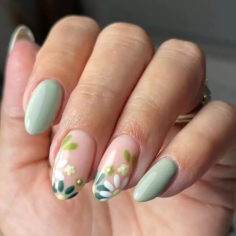 Skiennix Flower Press On Nails - Medium Almond French Tip Design - 144 Pcs Full Cover Glossy Acrylic