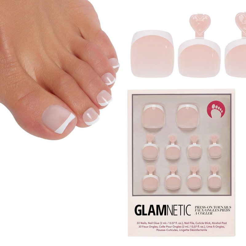 Glamnetic Press On Toenails - MaDamn | Classic White French Tip Glossy Fake Toe Nails | 32-Piece Kit with 16 Sizes & Glue