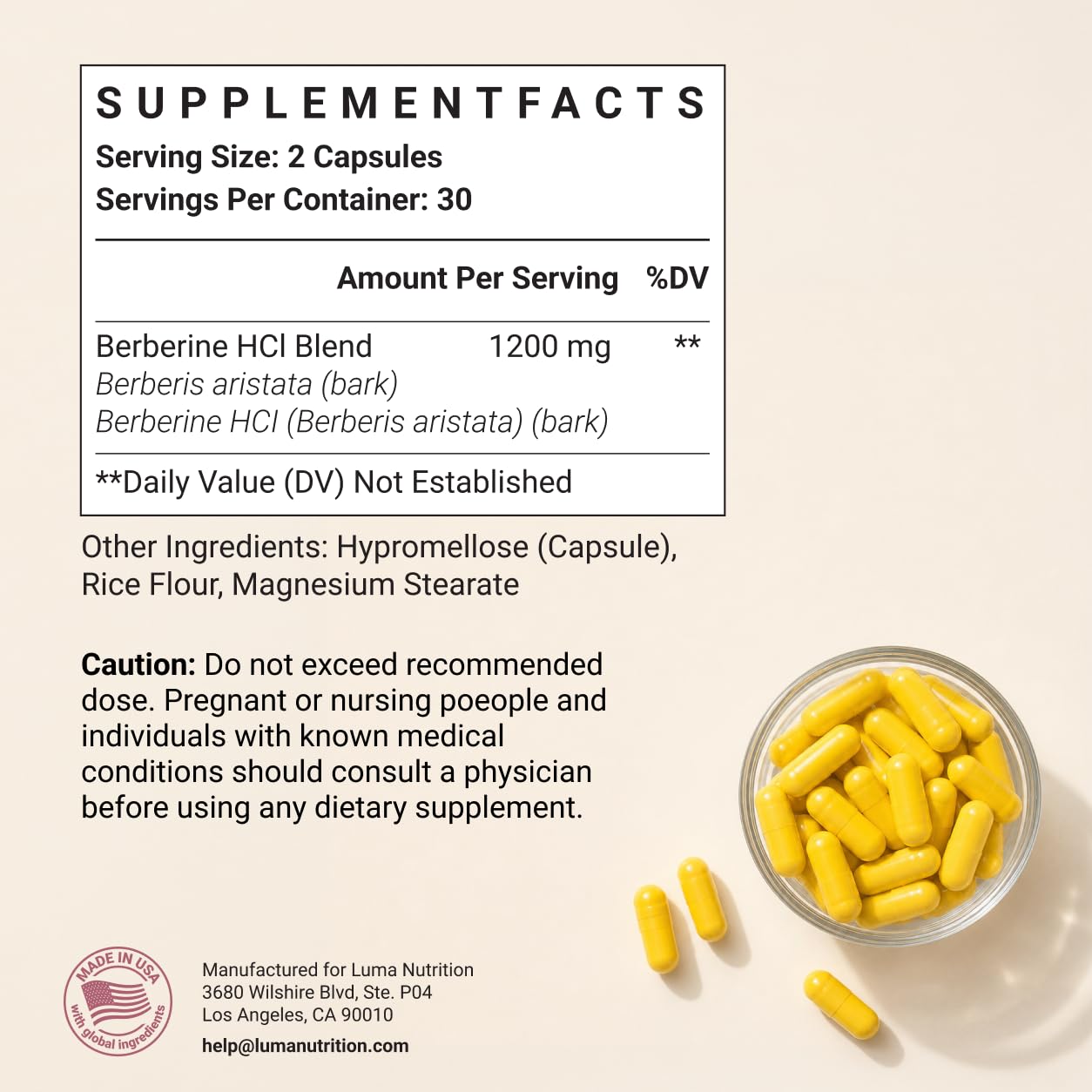 Luma Nutrition Berberine Supplement - Berberine HCL 1200mg Per Serving - 97% Berberine HCl - Vegan, Gluten Free - 60 Capsules