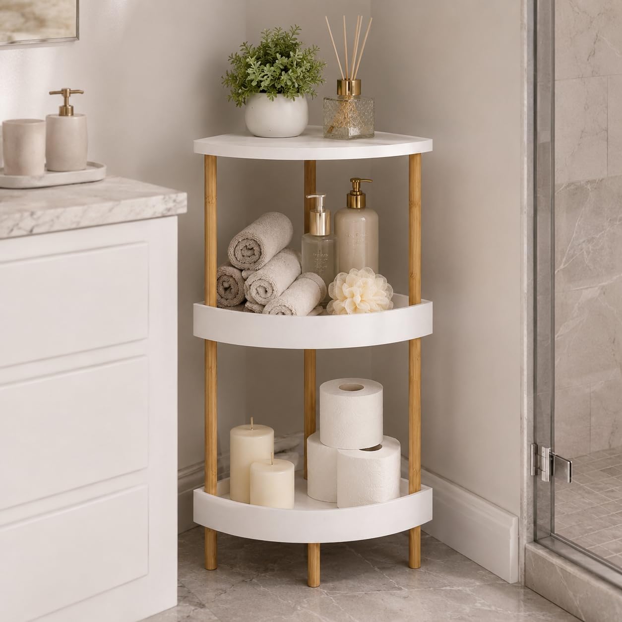 WSLUKVII 3-Tier Bamboo Corner Shelf - No Screws, Twist & Lock Assembly in 5 Mins, 5-Layer Lacquer Finish, Sturdy & Anti-Tip Design for Kitchen, Bathroom, Living Room, Easy to Clean