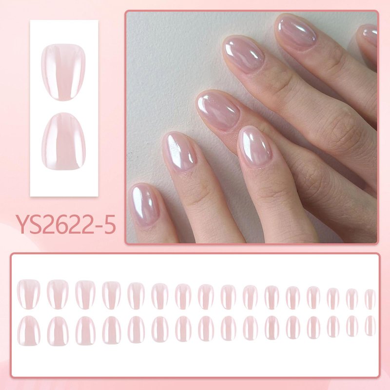 32pcs Almond Press On Nails Short Fake Nails Nude Pink False Nails With Chrome Design Full Cover Artificial Glossy Cute Acrylic Nail Mirror Metal Stick On Nail For Women