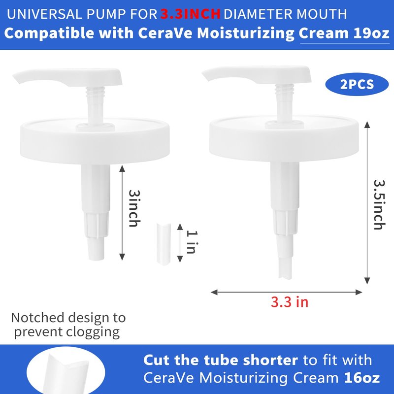 Pump Lid for CeraVe Moisturizing Cream 19oz (2Pcs) Universal Pump for 3.3inch Diameter Mouth, Cream Pump Dispenser Fits for CeraVe 16oz Jars When Cut Tube Short
