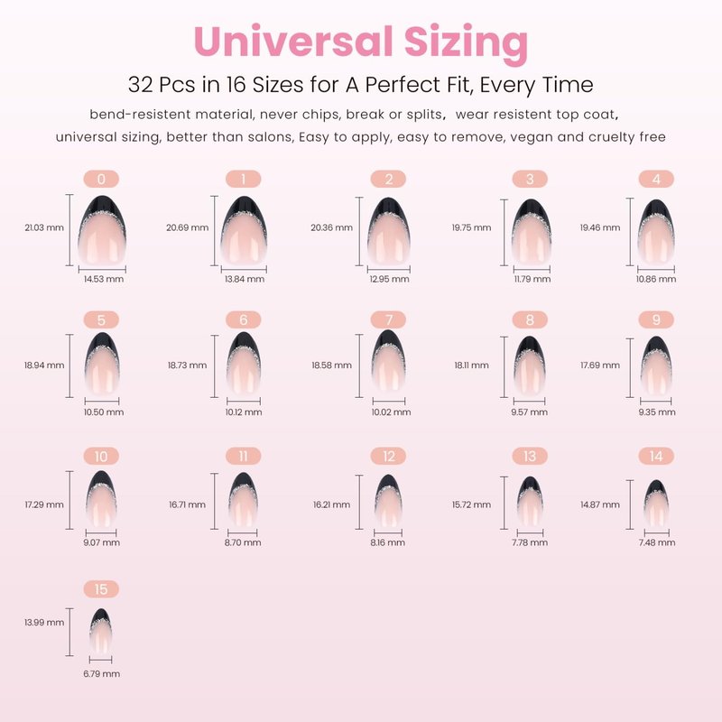 Press On Nails - Silver Lining Black Glitter French Tip | Short Almond Reusable Stick-On Nails, 16 Sizes - 32 Nail Kit for Women