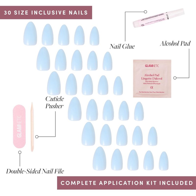 Glamnetic Press On Nails - Blueberry Milk | Solid Opaque Light Blue Short Almond Fake Nails, Salon Quality | 15 Sizes - 30 Nail Kit with Glue
