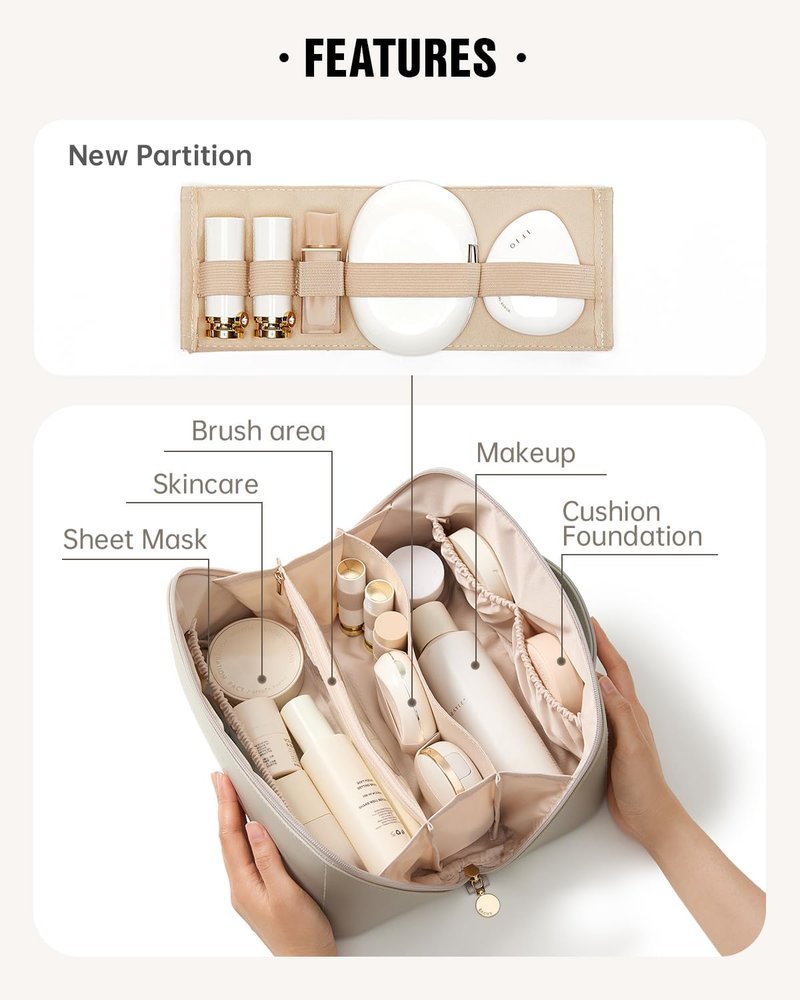 EACHY Travel Makeup Bag - Large Capacity Waterproof PU Leather Cosmetic Organizer for Essentials