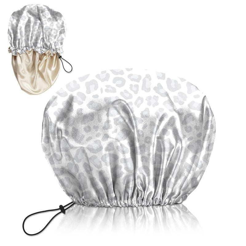 Deokke Luxury Shower Cap Silk Satin Lined Waterproof Reusable Adjustable Elastic Dry Hair Bathing Caps Cute for Women Girls-Gray Cheetah Leopard