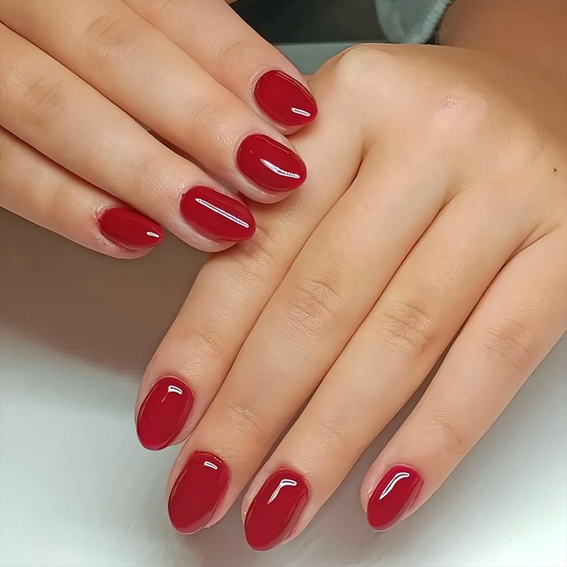 Red Press On Nails Short Almond Fake Nails Glossy Full Cover Solid Color Stick On Nail for Women Manicure 32Pcs