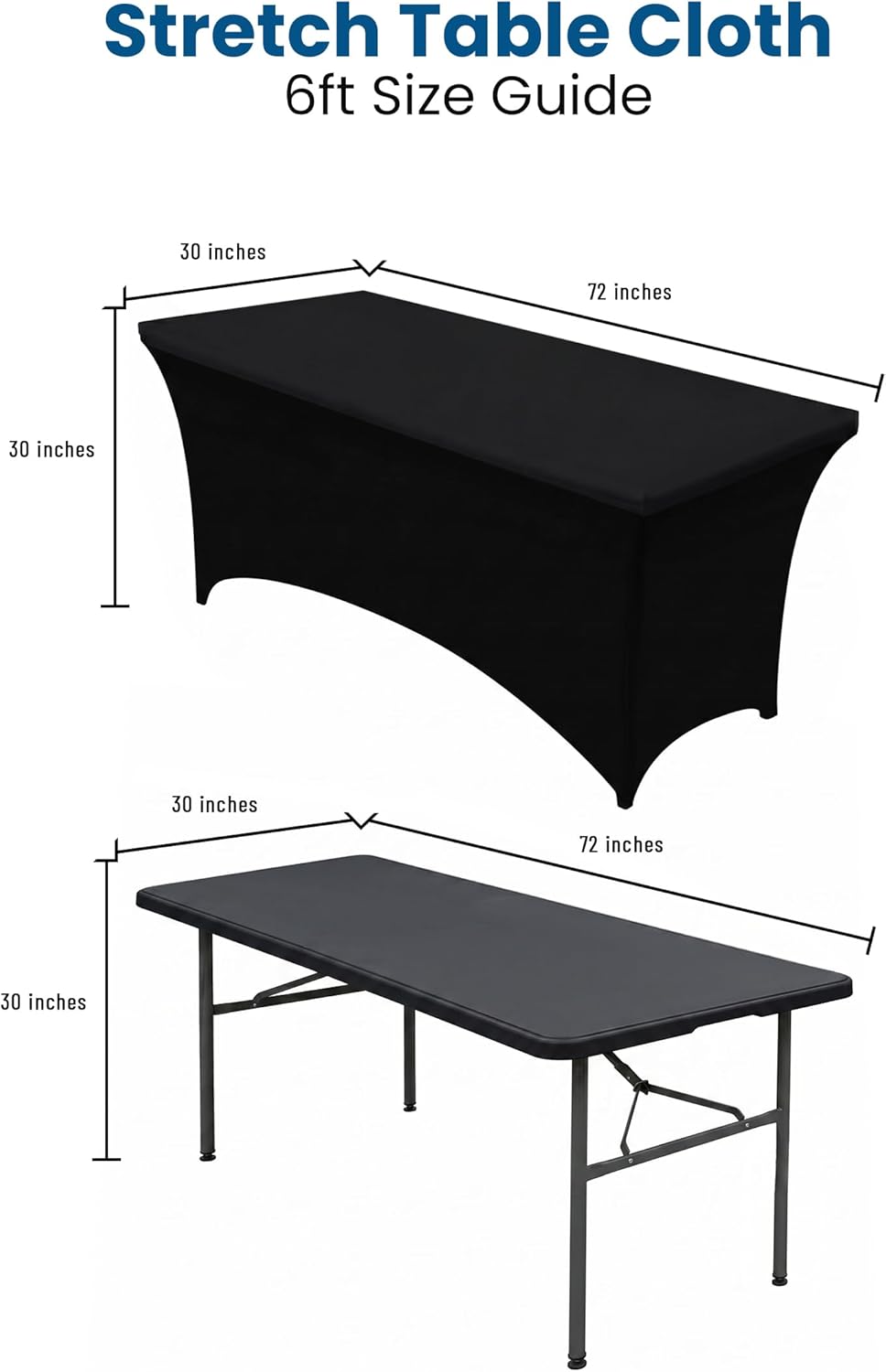 Spandex Tablecloth 2 Pack - Fitted & Washable Black Rectangular Cover | 6FT for Events, Weddings & Parties (72Lx30Wx30H Inch)