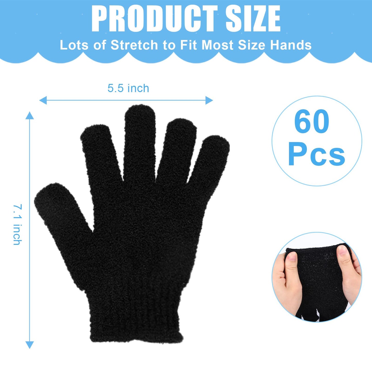 60Pcs Exfoliating Gloves Bulk, Exfoliating Body Scrubber Glove Exfoliator for Body Scrub Mitt, Bath Gloves for Shower Exfoliating Shower Gloves for Women Bathing Accessories(Black)