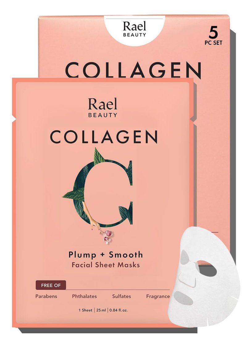 Rael Face Mask Skin Care, Collagen Face Masks - Bamboo Facial Sheet Mask, Korean Skincare, with Collagen Essence and Fruit Extracts, Nourishing and Hydrating, All Skin Types (Collagen, 5 Sheets)