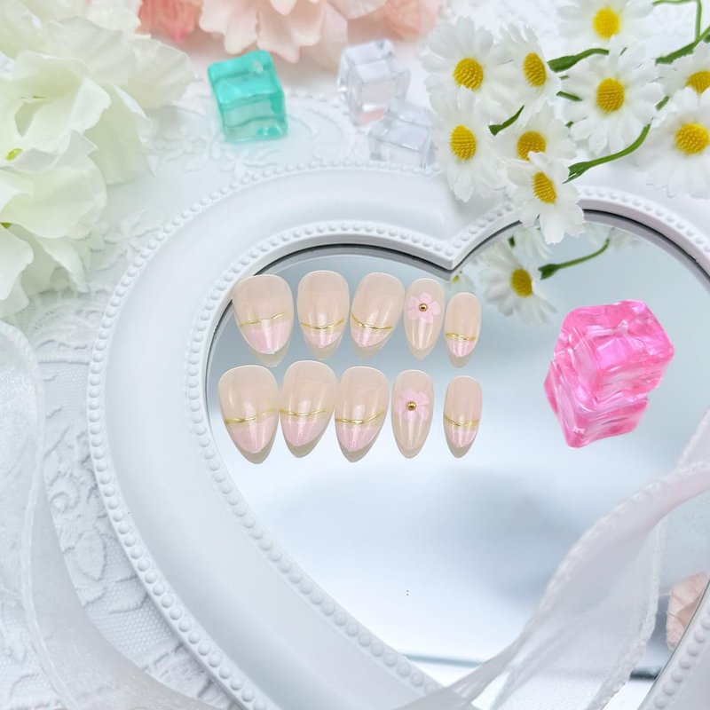24Pcs Spring Floral Press On Nails Short Almond French Tip Fake Nails with Gold Line & 3D Flower Designs Nude Pink Full Cover False Nails Reusable Acrylic Stick On Nails for Women Manicure Decoration