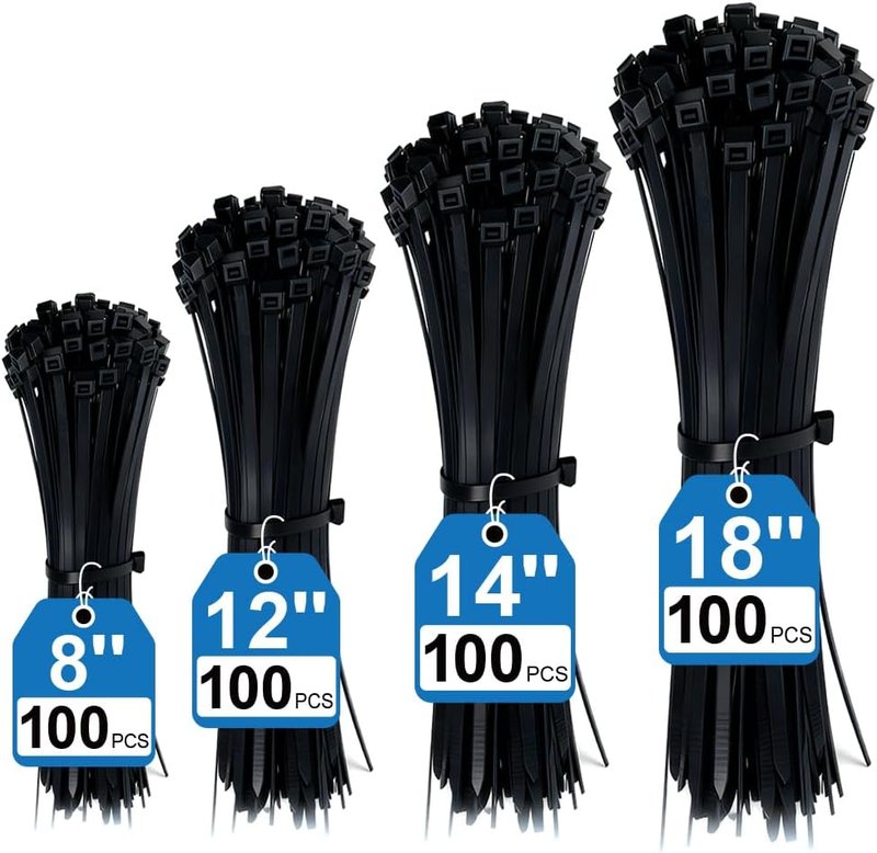 400 Pack Black Zip Ties Assorted Sizes 8+12+14+18 Inch, Heavy Duty 100lbs Self-Locking Electrical Cable Ties, UV Resistant Wire Ties for Indoor and Outdoor Use