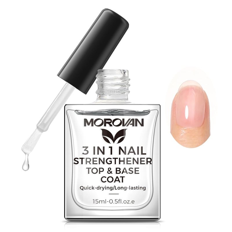 Morovan Nail Strengthener - 3-in-1 Base Coat & Top Coat for Quick-Dry, Long-Lasting Shine | Clear Nail Polish
