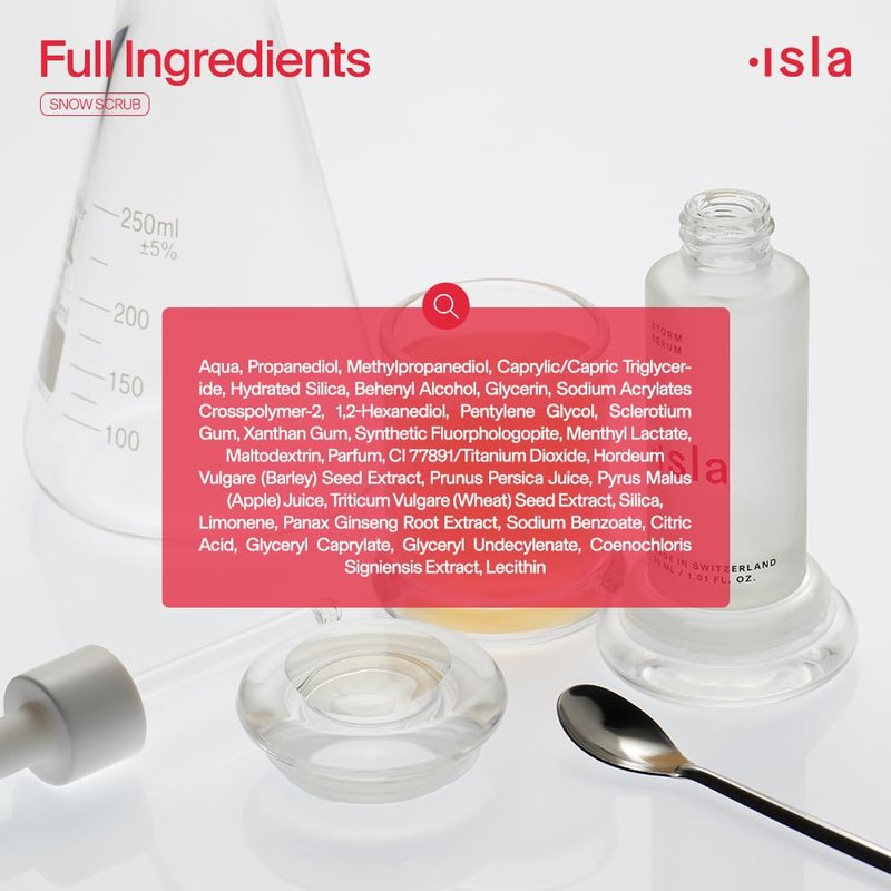 ISLA Snow Scrub Exfoliating Treatment, Smooths Texture, Unclogs Pores & Boosts Radiance, Hydrated Silica, Fruit Enzymes, Glycerin & Pink Slow Algae, Skin Barrier-Safe, Made in Switzerland, 1.76 fl oz