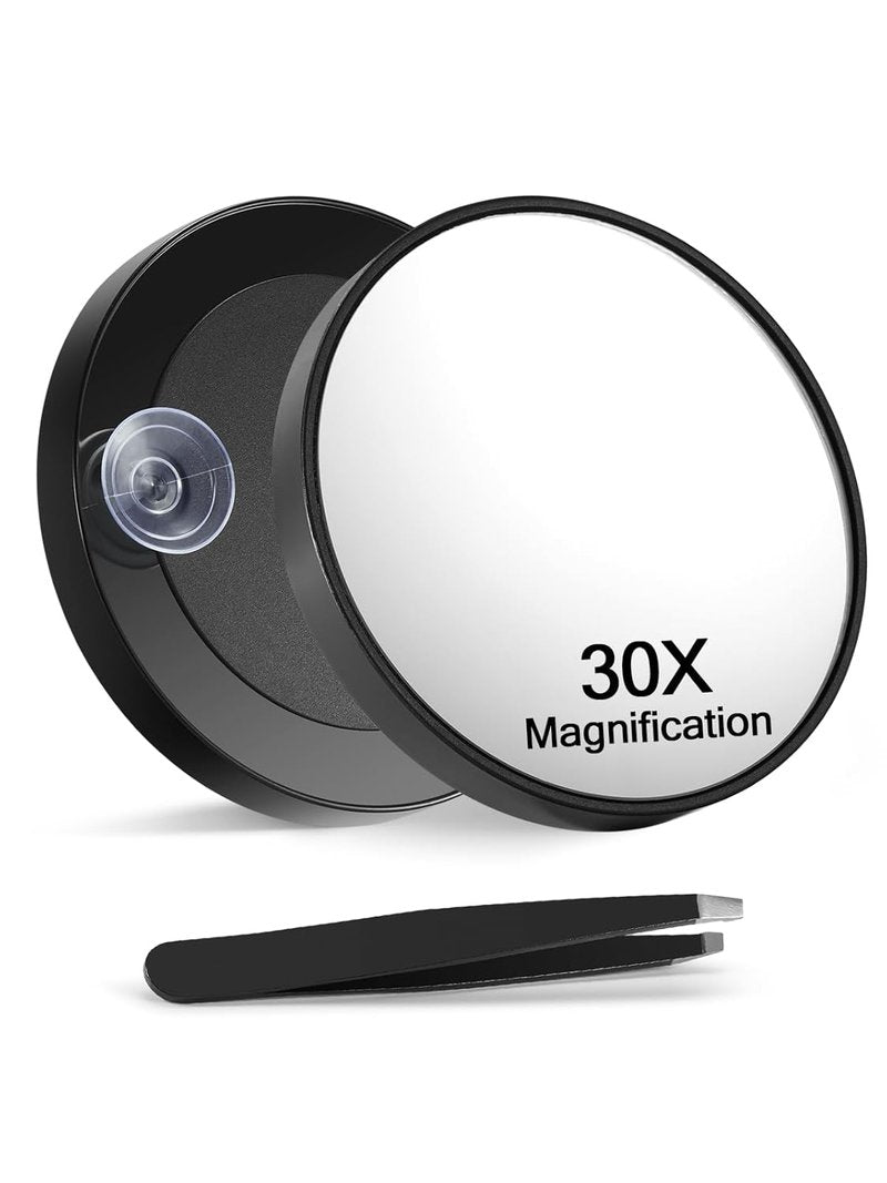 Macaki 30X Magnifying Makeup Mirror - 3.5 Inch with 2 Suction Cups & Slant Tweezers | Black