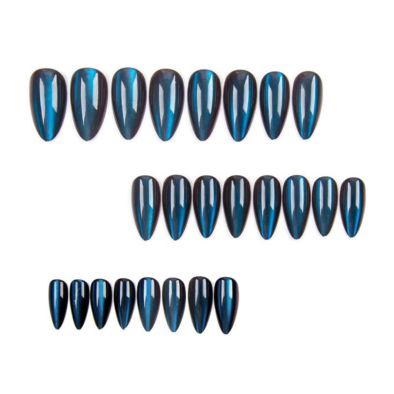 Dark Blue Press on Nails Medium Almond Fake Nails Glossy Glitter False Nails with Designs Gradient Acrylic Artificial Nail Full Cover Reusable Stick on Nails for Women Girls 24Pcs