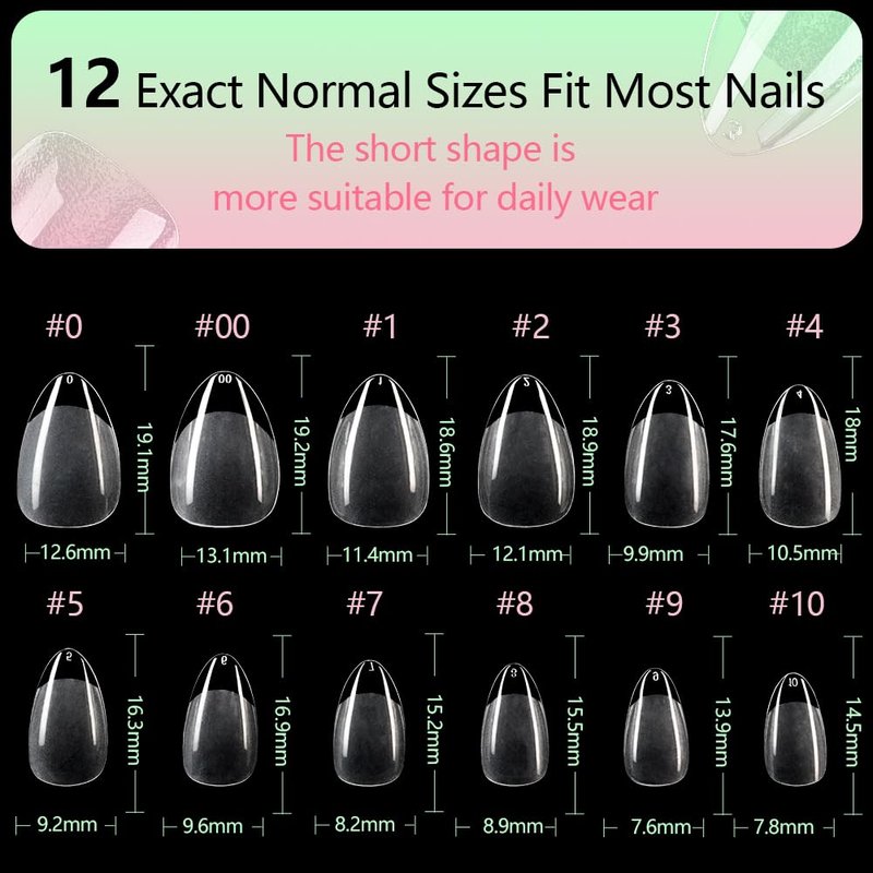 PrettyYo Short Almond Gel Nail Tips 600Pcs Half Matted Clear Fake Nail Tips Short Almond Shape 12 Sizes Full Cover Acrylic Press On Soft False Nails Gel x Nail Press Ons for DIY at Home
