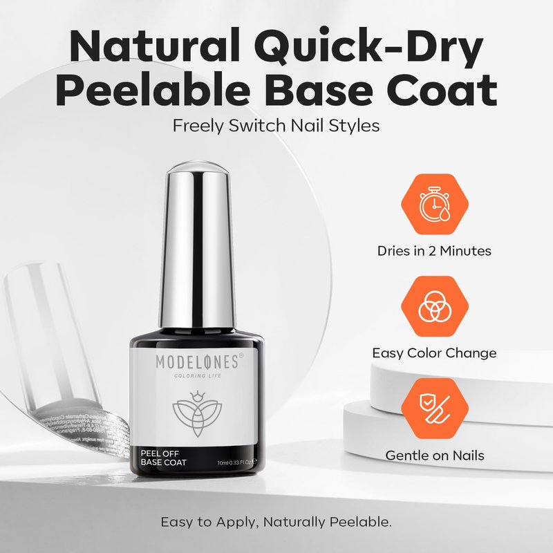 Modelones Non-U V Gel Base Coat - Quick Dry Peelable Formula for Thin & Weak Nails | 10ml