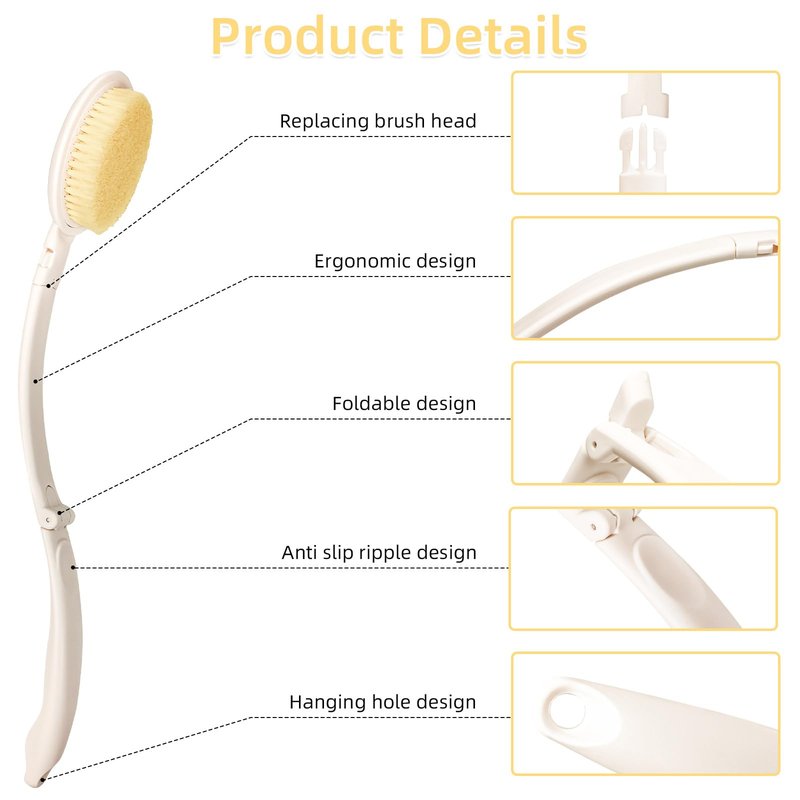LFJ 19" Long Handle Shower Sponge Brush Set, 3 in 1 Body Brush, Bath Sponge and Lotion Applicator Improved Skin Health, Suitable for Men and Women (White Brush-2P)