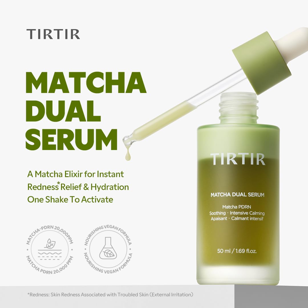 TIRTIR Matcha Dual PDRN Serum - Soothing Red Skin Relief & Glass Skin Glow | 20,000ppm Vegan Matcha, 5% Niacinamide, Hydrating Formula for Sensitive & Acne-Prone Skin