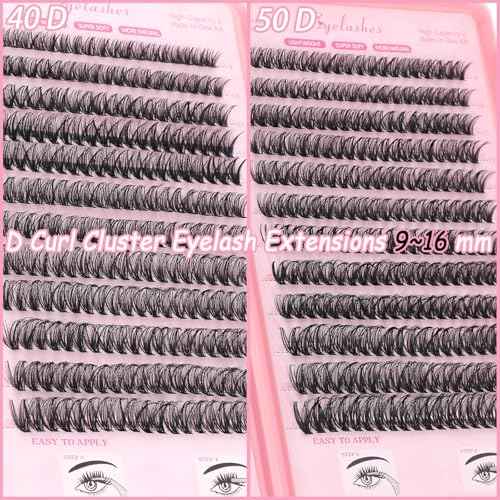 Lash Clusters Kit, Eyelash Clusters Individual Lash Extension Kit 480 Pcs D Curl Fluffy Wispy False Eyelashes Extensions Thin Band with Bond Seal Tweezers Brush Removers (40D+50D KIT)