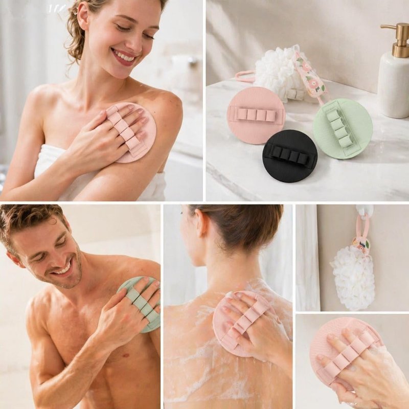 3-Pack Bath Scrubber Kit: 2 Silicone Exfoliating Pats & Double-Sided Long Handle Back Scrubber Bath Puff for Deep Cleansing. (Pink & Green & Pink)