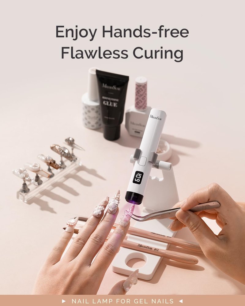MelodySusie Handheld UV Light for Gel Nails with Stand, Mini Portable Cordless Nail Lamp with LCD Display, Eye-Protective Cover, Flash Curing for Glue, White