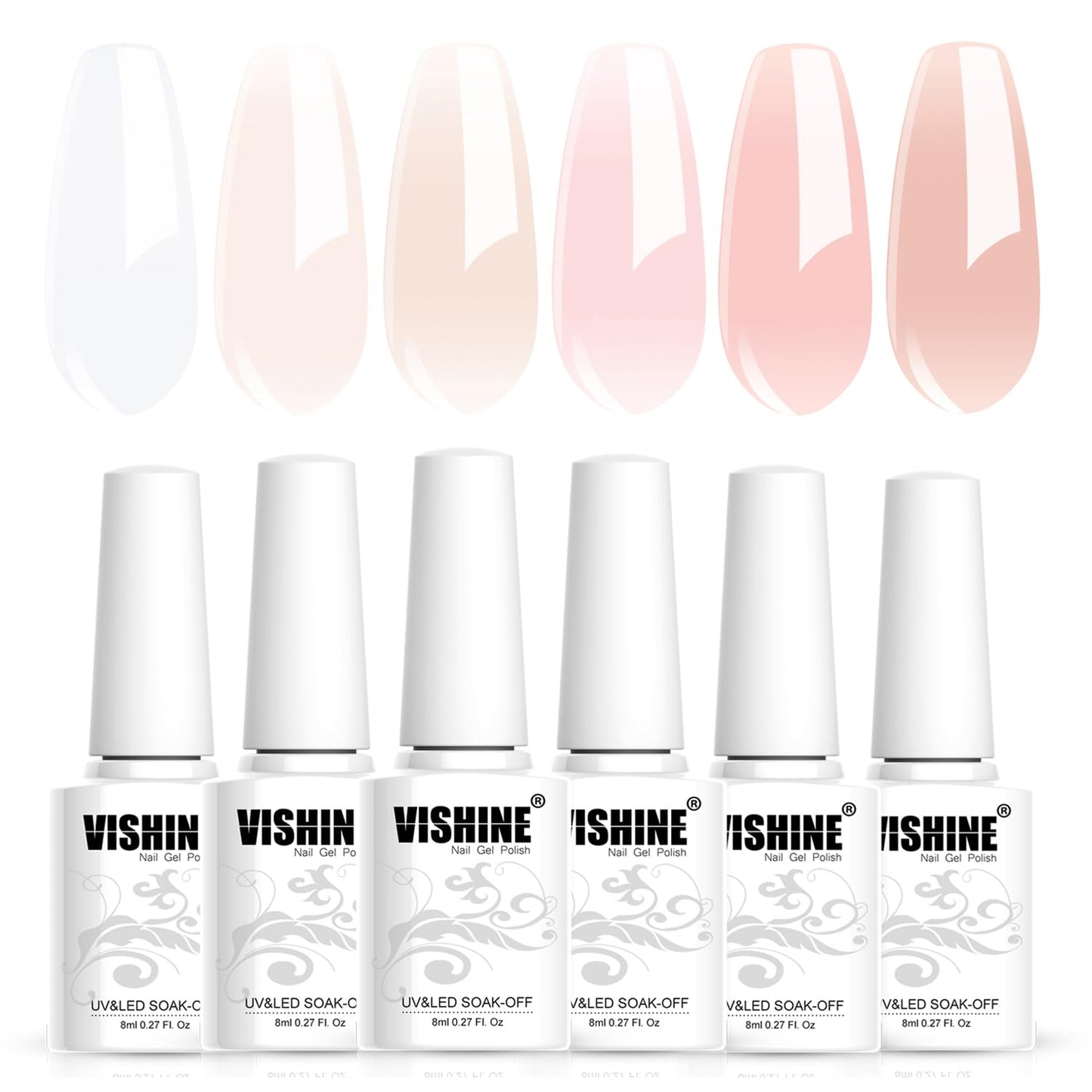 Vishine Gel Nail Polish Kit, 6 PCS Jelly Gel Polish White Pink Nude Sheer Color Gel Neutral Nail Art Design Translucent Gel Nail Kits Soak Off Uv Nail Lamp Cured Nail Manicure DIY Home 8ml