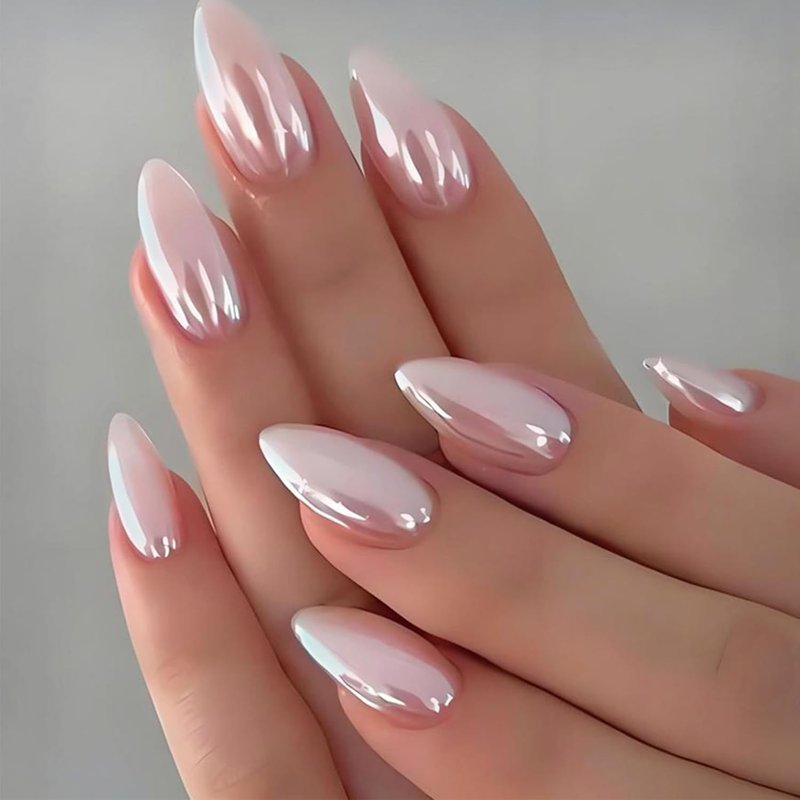 Skiennix 24Pcs Almond Press On Nails - Glossy Pearlescent Pink | Reusable Medium Length Acrylic Set for Weddings & Parties