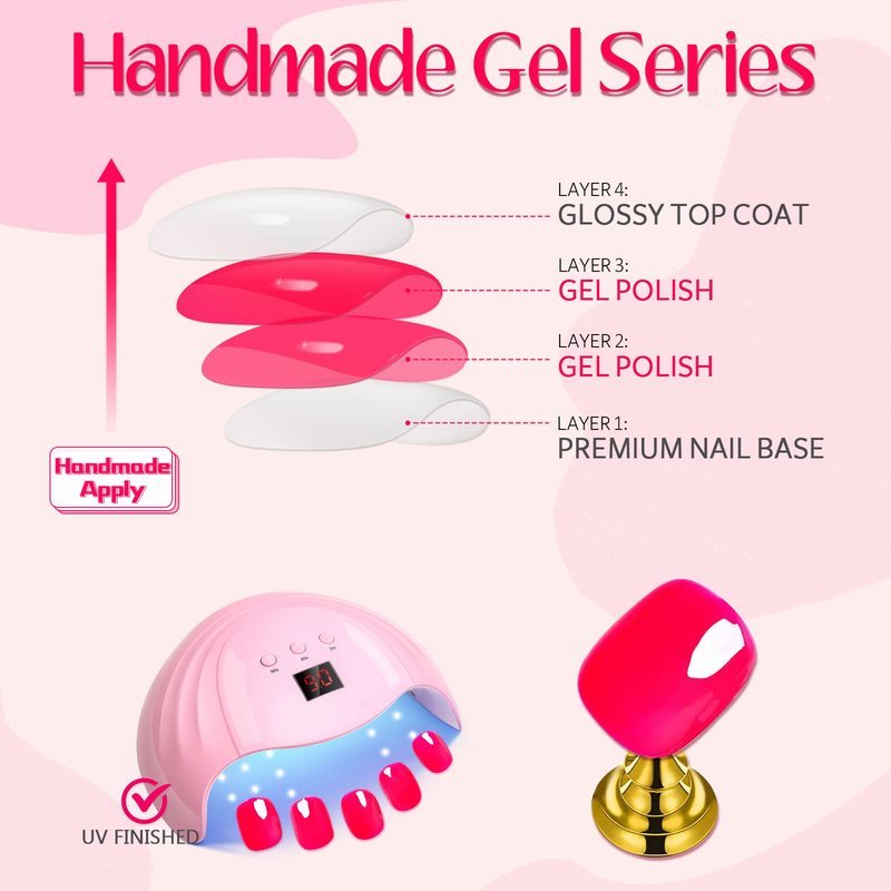 GLAMERMAID Extra Short Press on Nails 24PCS, Bright Hot Pink Jelly Fall Gel Glue on Nails, Glossy Round Reusable UV Finish Fake Nails Acrylic False Nails Manicure Kits for Women