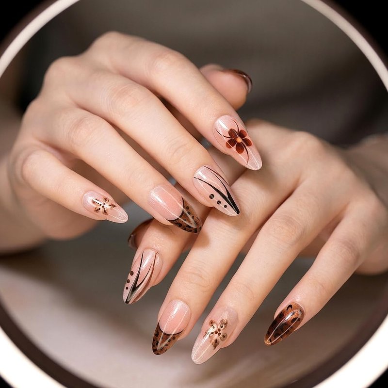 NXYCHIC 24Pcs Almond Press on Nails - Rose Gold Mirror Chrome & Leopard Print Fake Nails, Glossy Metallic French Tip Glue on Nails Kit with Jelly Glue, File & Wood Stick