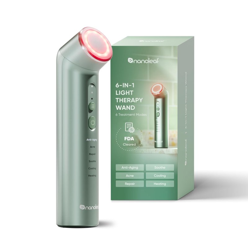 Nanoleaf FDA-Cleared 6-in-1 Light Therapy Wand for Face & Neck, Facial Massager with Red & Blue Light, Vibration, Heat & Cooling, Light Therapy Device for Anti-Aging & Acne