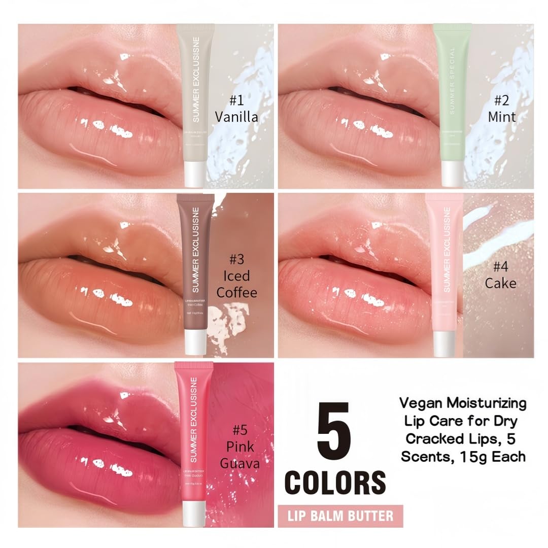 Tinted Lip Butter Balm - Hydrating & Nourishing Care for Dry Lips | 5 Colors: Vanilla, Mint, Coffee, Cake, Guava