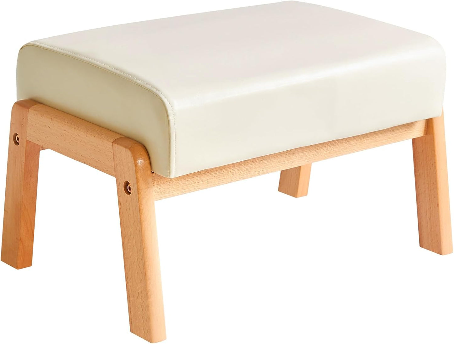 Small Foot Stool Ottoman - 10.2” Rectangle PU Faux Leather Foot Rest with Padded Seat & Wood Legs | Modern Accent for Living Room & Office, White
