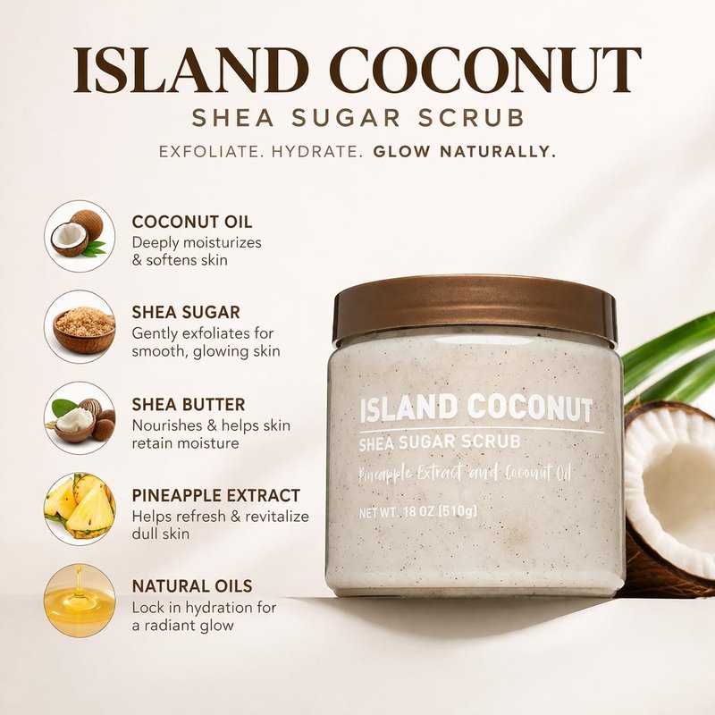 Island Coconut Body Scrub – Luxury Exfoliating Sugar Scrub for Soft, Glowing Skin – Hydrating Body Polish with Tropical Coconut Scent for Women, 18 oz