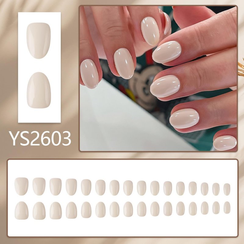 Pearl White Press On Nails Short Almond Fake Nails Glossy Full Cover Solid Color Stick On Nail for Women Manicure 32Pcs