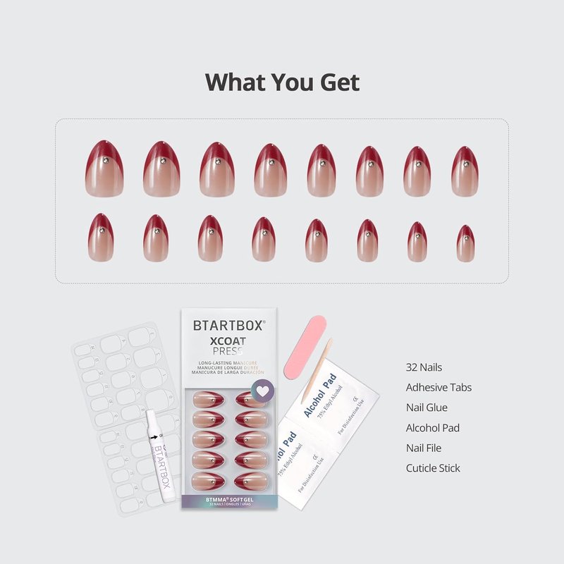 BTArtbox Press On Nails - Audrey's Ruby Red Chrome Almond French Tips | 32 Soft Gel Nails in 16 Sizes