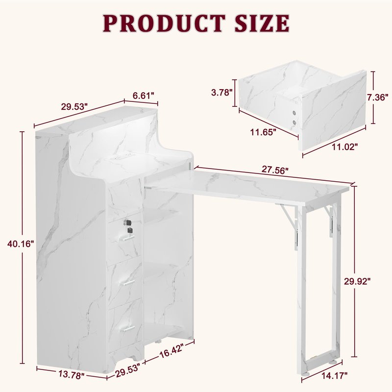 DUDUSHIMAN Foldable Nail Desk for Nail Tech, L Shape Manicure Table with Cabinet Drawer & Built-in Charging Station, Portable Nail Table for Beauty Salon Workstation (Marble)