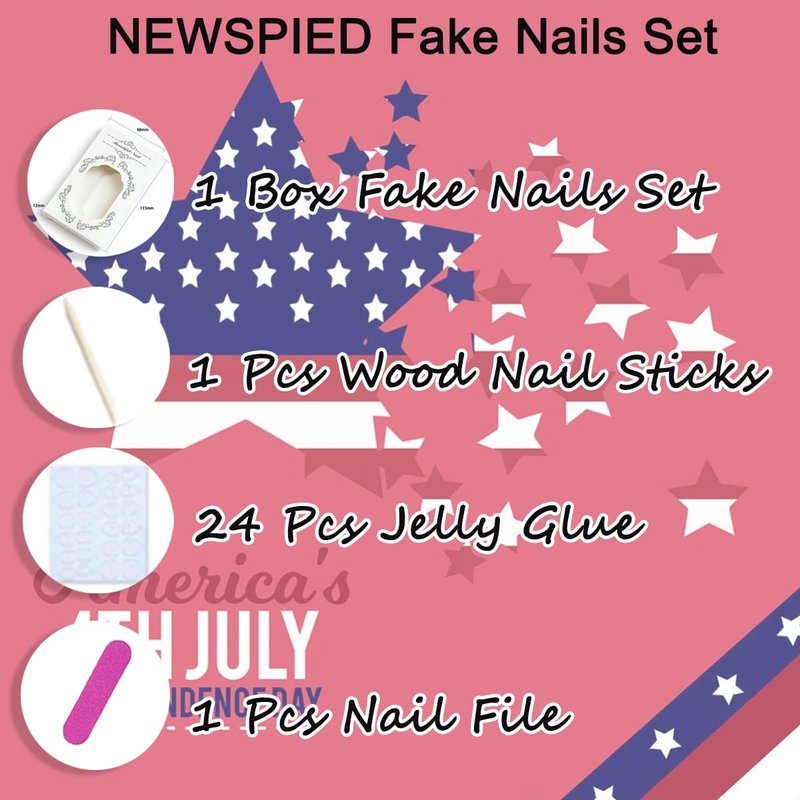 24Pcs Short Almond Press On Nails Patriotic Red Star Fake Nails with Silver Chrome Swirl Lines Designs Y2K Acrylic False Nails Glossy Full Cover Independence Day Stick On Nails for Women DIY Manicure