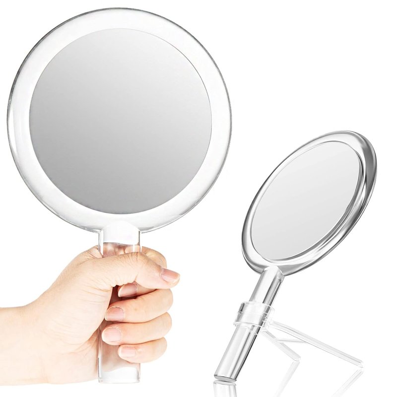 Queekay Double-Sided Handheld Mirror - 1X/10X Magnification, Adjustable Stand, Round Shape, 25.8 x 15 cm