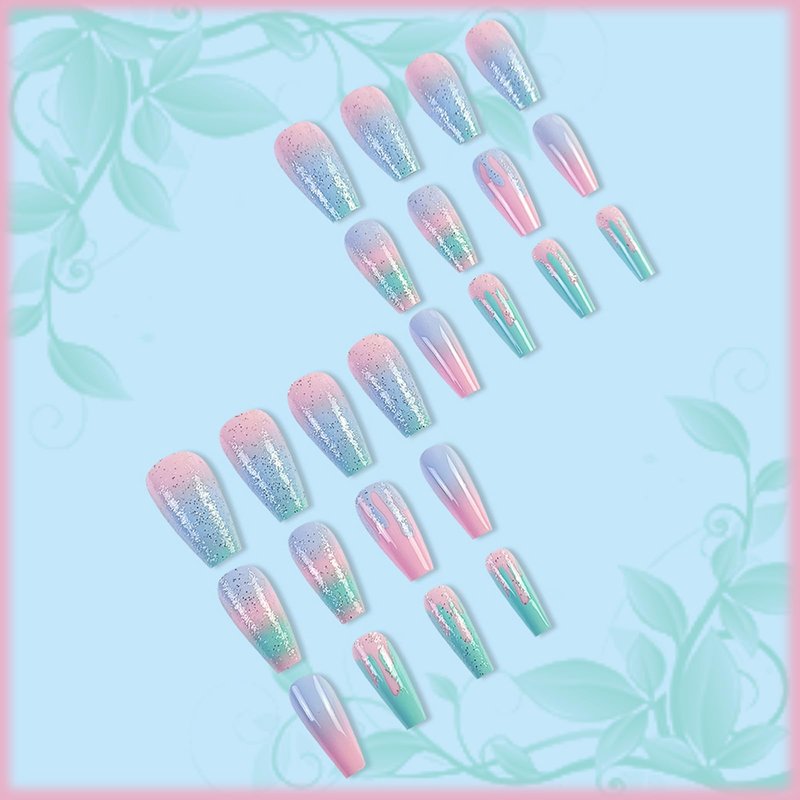 Coquette 24Pcs Rainbow Gradient Coffin Nails with Macaron Design - Sparkly Medium Glossy Glitter Manicure Art Acrylic False Nails